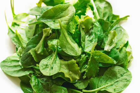 green spinach leaves flat on a white background