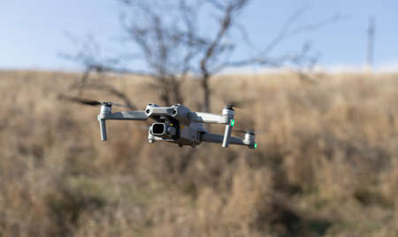 close up photo of flying drone with digital camera.の写真素材
