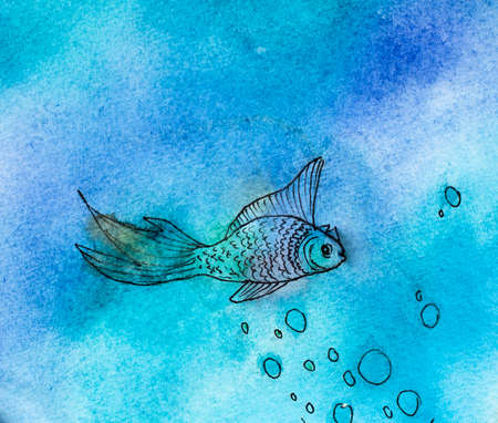 one fish, one blue sea background. watercolor hand drawn illustrationの写真素材