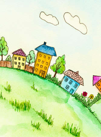 watercolor painting. bright fairy-tale town and colorful houses. Card. ChildrenÂ´s illustrationの写真素材
