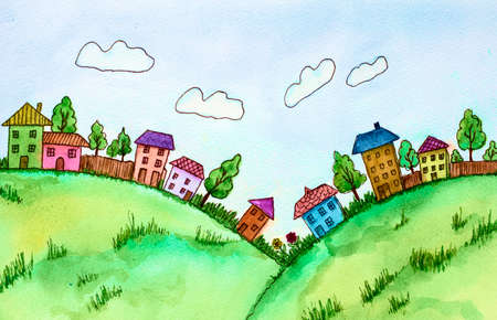 watercolor painting. bright fairy-tale town and colorful houses. Card. ChildrenÂ´s illustrationの写真素材