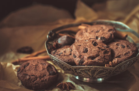 chocolate chip cookies with chocolate. Chocolate Chip Cookies. Dark food photography. - Image