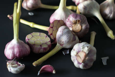 fresh garlic. Garlic on a black background. Ingredients for cooking delicious food with garlic. farm food. food stock photography. Health food. food photography - Image.の写真素材