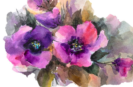 drawing watercolor flowers on a white background. impressionistic style, flower painting, flower bouquet, bright colors. artistic background. package design. card. flower card. spring flowers. color of 2022の写真素材