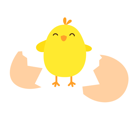 Vector illustration of happy chicken with the broken egg. Vector newborn chicken.のイラスト素材