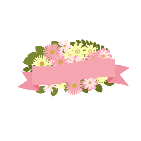 Vector bouquet with ribbon banner. Floral decoration.のイラスト素材