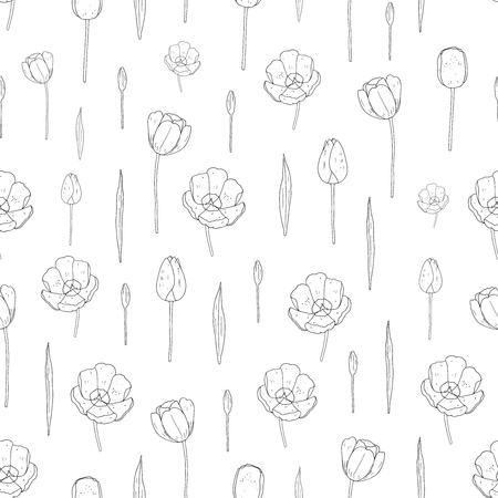 Line seamless tulip monochrome pattern.のイラスト素材