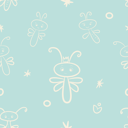 Vector illustration of seamless pattern of white cartoon dragonflies on blue backgroundのイラスト素材