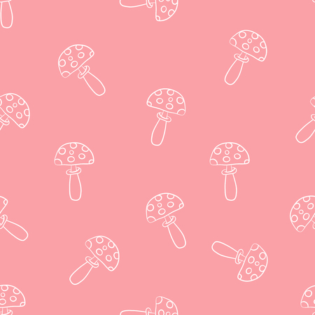 Vector illustration of seamless pattern of white cartoon mushrooms on pink backgroundのイラスト素材