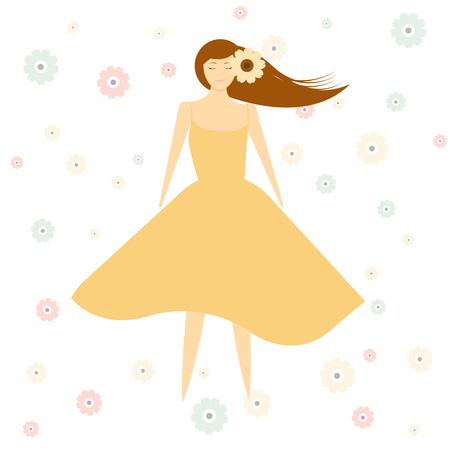 Illustration of girl with flower on pastel floral backdrop.のイラスト素材