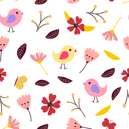 Vector seamless flower pattern with a butterfly and birdsのイラスト素材