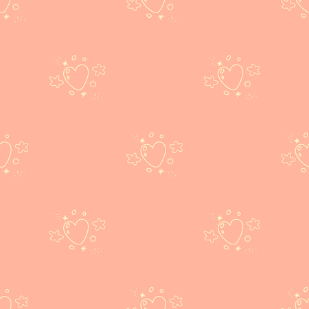 Vector seamless pattern of cartoon yellow hearts, stars and particles on pink backgroundのイラスト素材