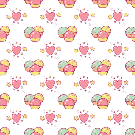 Seamless pattern of cartoon multicolored cupcakes and heartsのイラスト素材