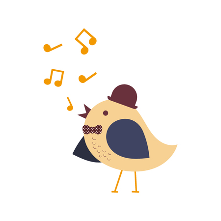 Vector singing bird with hat and polka dot bow tieのイラスト素材