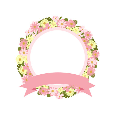 Vector round frame with flowers and ribbon banner.  のイラスト素材