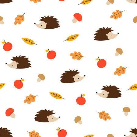 Vector seamless pattern of hedgehog with apples, mushrooms and leavesのイラスト素材