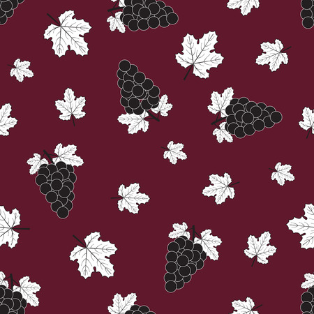 Vector seamless pattern of grapes and white leaves on maroon background.のイラスト素材