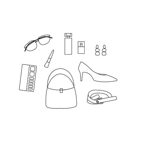 Vector set of woman outline accessories. Set with bag, shoes, belt, earring, make-up products, perfume bottles and sunglasses.のイラスト素材
