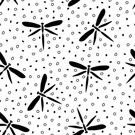 Seamless pattern of black dragonflies and dots.の写真素材