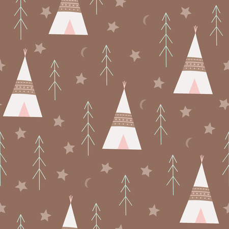 Seamless pattern of native american tents, fir trees and stars.のイラスト素材