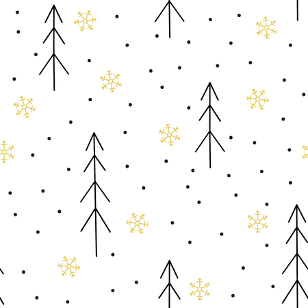 Vector seamless pattern with fir trees and gold snowflakes. Scandinavian seamless pattern.のイラスト素材