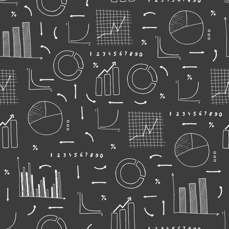 Vector seamless pattern of  different hand drawn infographic elements with graphs and charts. Vector chalk graphs and charts.のイラスト素材