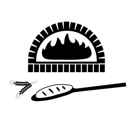Vector silhouette of brick oven and baked bread on the shovel.のイラスト素材