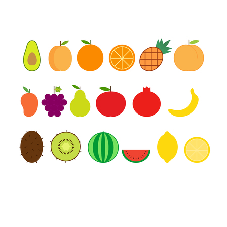 Vector set of fruits such as avocado, apricot, orange, pineapple, peach, mango, grape, pear, apple, pomegranate, banana, kiwifruit, watermelon, lemon. Fruits icons.のイラスト素材