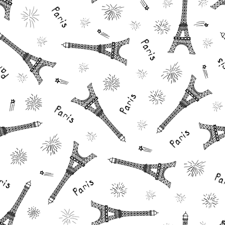 Vector seamless pattern with hand drawn Eiffel towers, fireworks and word Paris.のイラスト素材