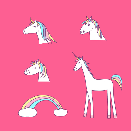 Vector set of colorful unicorns and rainbow.のイラスト素材