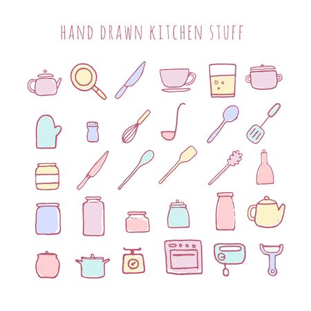 Vector hand drawn kitchen stuff. Collection of kitchen tools.のイラスト素材
