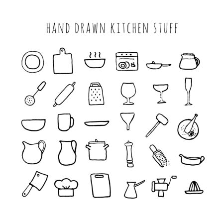 Vector hand drawn kitchen stuff. Collection of kitchen tools.のイラスト素材