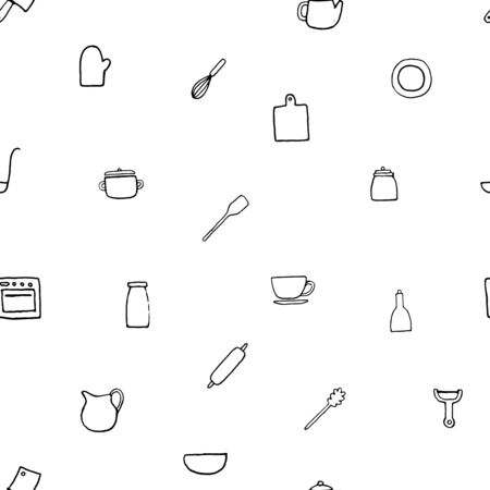 Vector seamless pattern of hand drawn kitchen stuff. .のイラスト素材