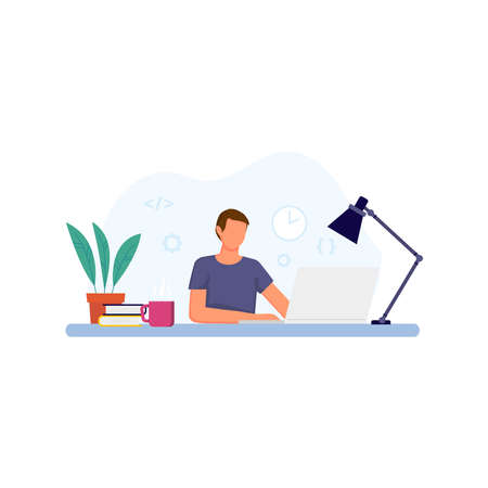 Vector illustration of man working on laptop.のイラスト素材