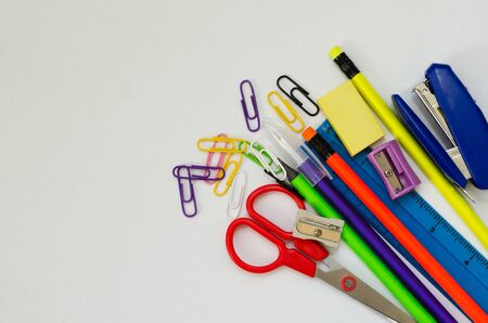 background with  different bright color stationeryの写真素材