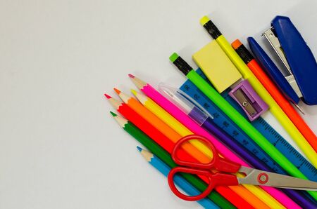 background with  different bright color stationeryの写真素材