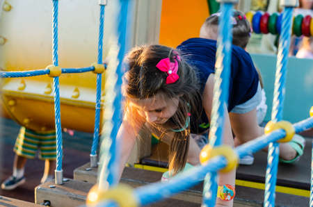 children climb on all fours on the rope bridge in the playground