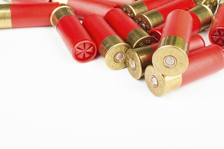 12 gauge red hunting cartridges for shotgun. Macro shot.