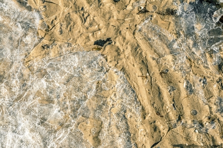 Spring background. Melting ice on beach on a sunny spring day. Macro shot.