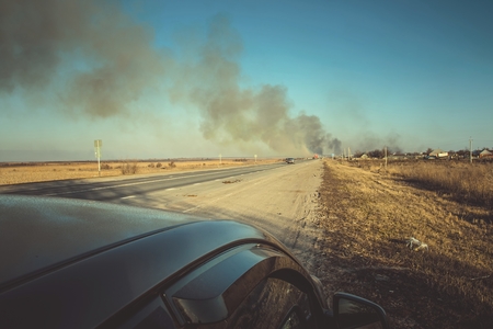 Burning steppe along the road. Burns dry grass.の写真素材
