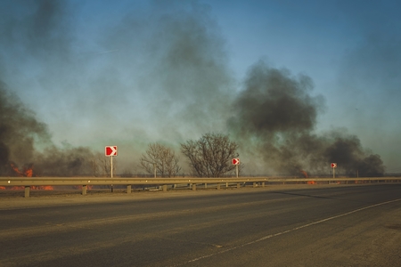Burning steppe along the road. Burns dry grass.の写真素材