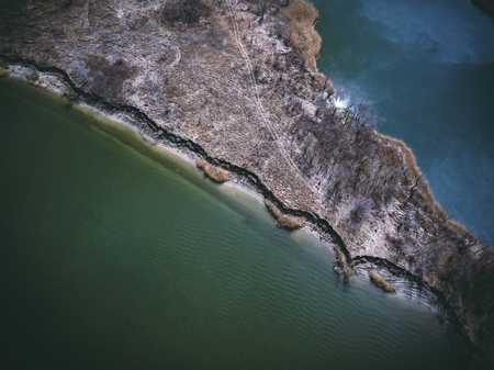 Drone photo of Don river near Rostov-on-Don on a spring morning. Aerial view.の写真素材