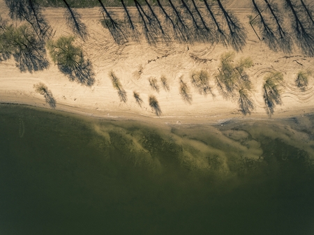 Aerial view of river and beach in spring time. Don river, Russia.の写真素材