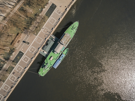 War ship on the embankment in Rostov-on-Don. Aerial view.の写真素材