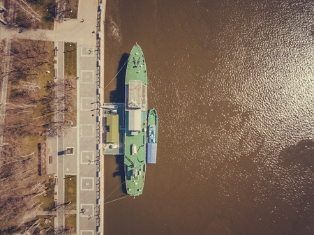 War ship on the embankment in Rostov-on-Don. Aerial view.の写真素材