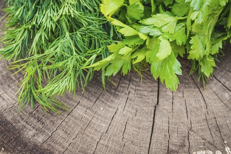 Fresh garden dill and parsley herbs on wooden surface. Macro shot.の写真素材