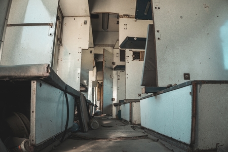 Interior of vintage rail car. Abandoned railway wagon.