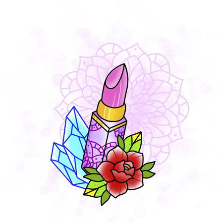 Lipstick with rose and diamond. Tattoo design. Cartoon illustration, hand drawn style.の写真素材