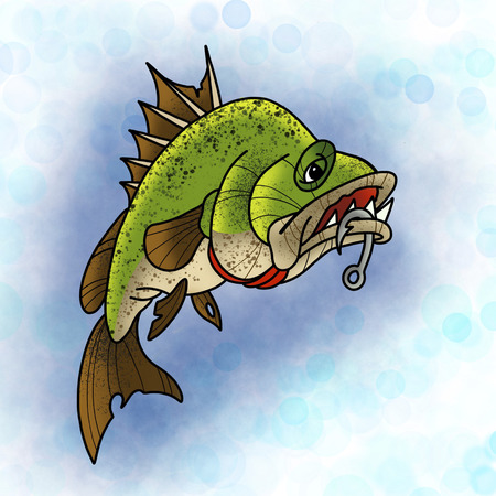 Big angry fish. Tattoo design. Cartoon illustration, hand drawn style.の写真素材