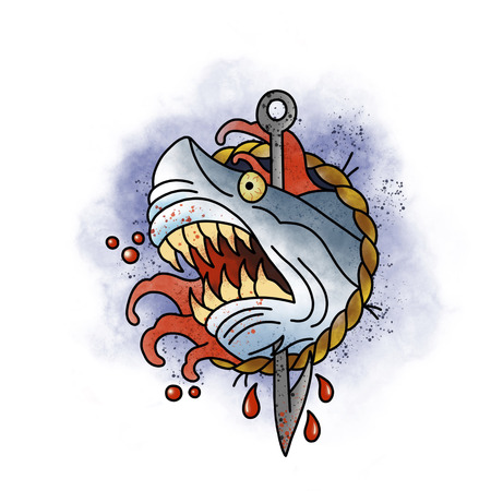 Stylized shark. Tattoo design. Cartoon illustration, hand drawn style.の写真素材